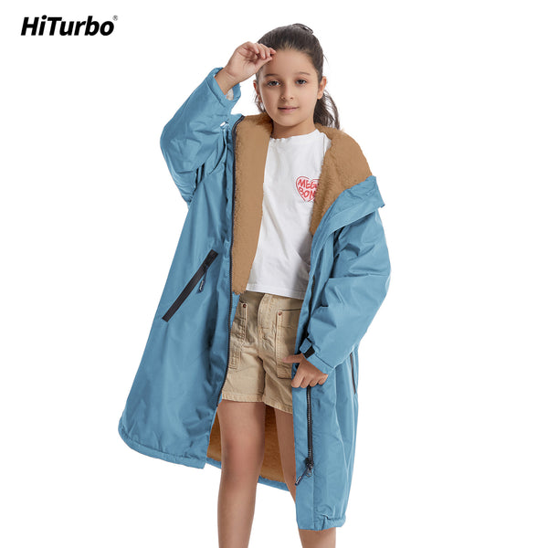 HiTurbo® Kids Waterproof Changing Robe Windproof Warm Robe Oversized Coat swimming  Poncho with Fleece Lining